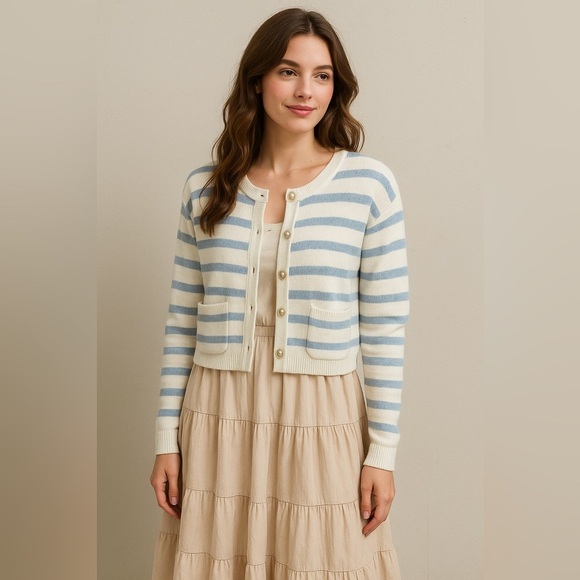 Jessica Simpson Knit Cardigan Nautical Women’s Stripe Cotton Buttons Pockets XL - Picture 1 of 8